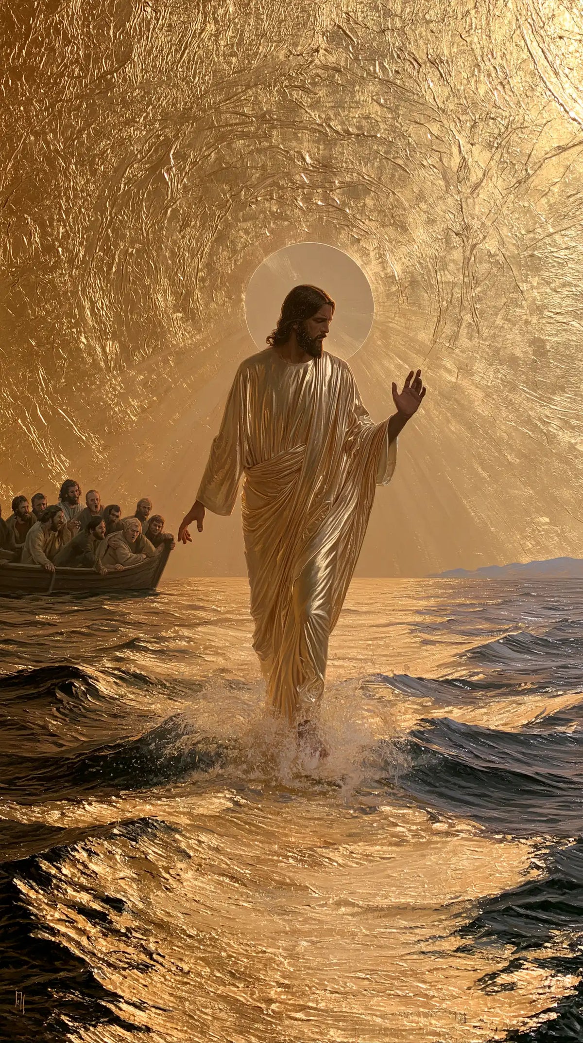 Jesus walking on water in Sacred Gold style, portrait Christian artwork no. 14