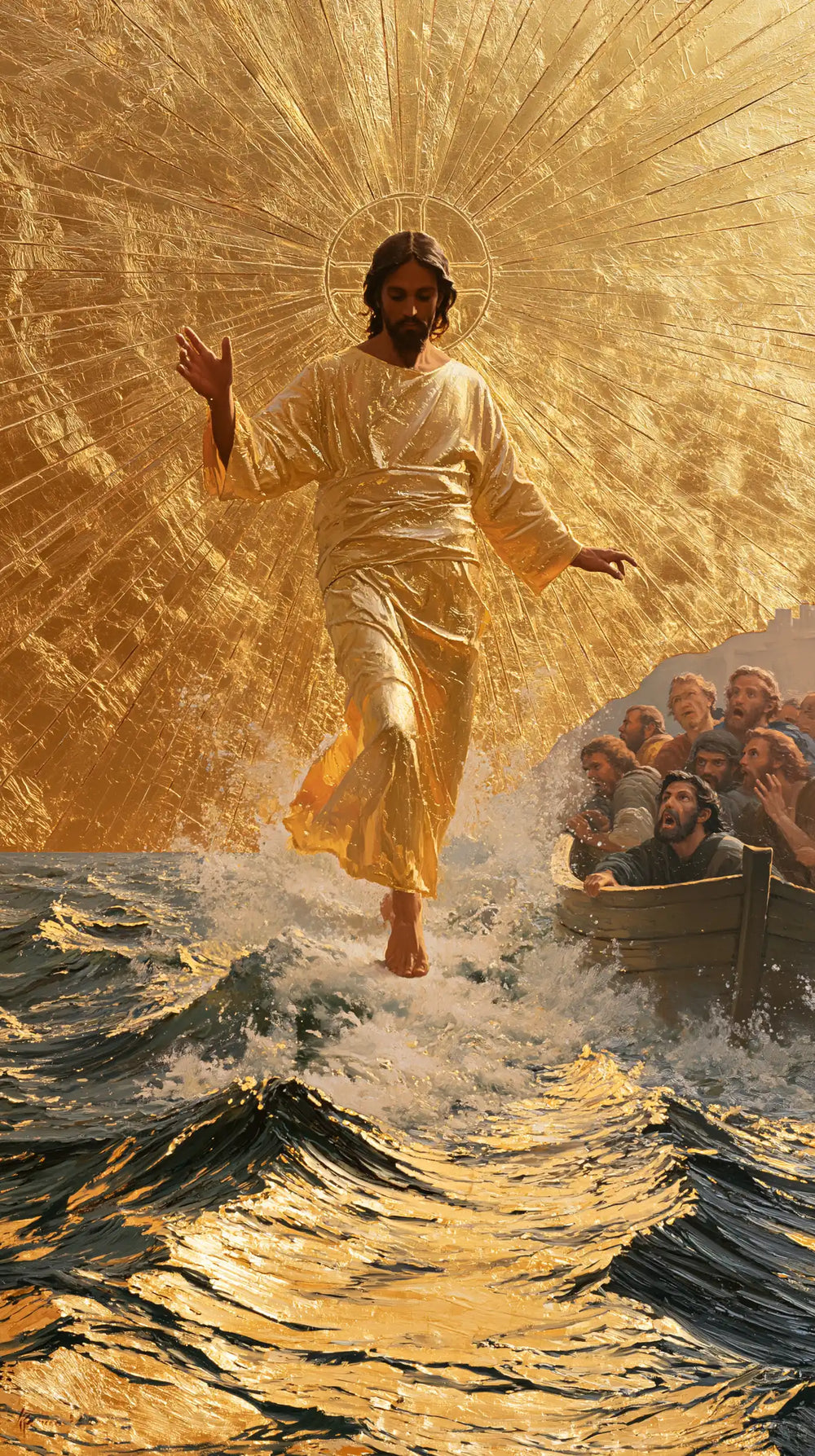 Jesus walking on water in Sacred Gold style, portrait Christian artwork no. 16