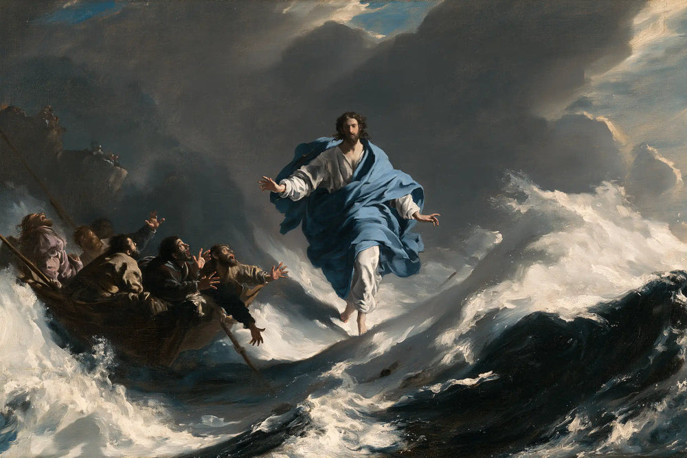 Jesus walking on water in Theatrical Baroque style, landscape Christian artwork no. 21