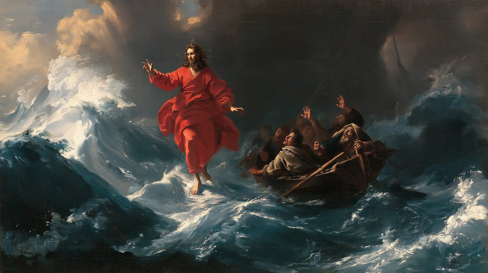 Jesus walking on water in Theatrical Baroque style, landscape Christian artwork no. 27