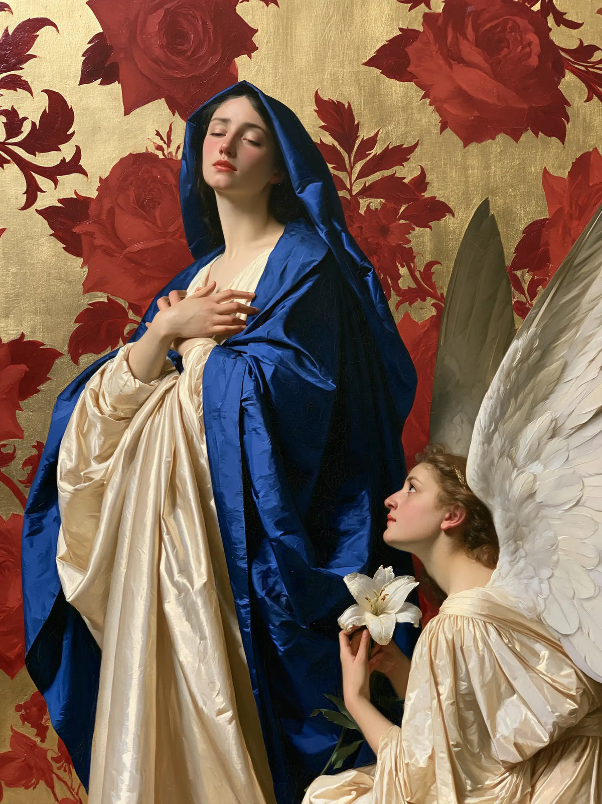 Mary before the Crimson Floral Hangings – Bouguereau-Inspired Academic Art · Portrait