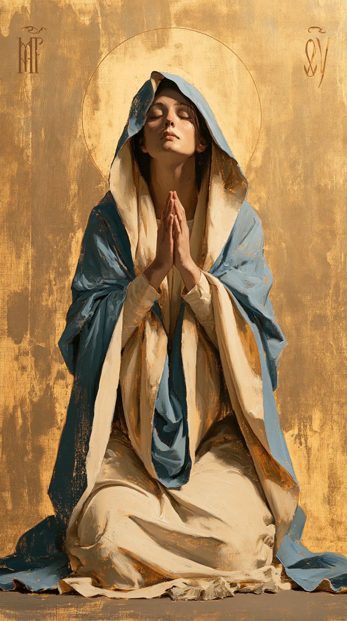 the Virgin Mary in prayer in Contemporary Byzantine style, portrait Christian artwork no. 23