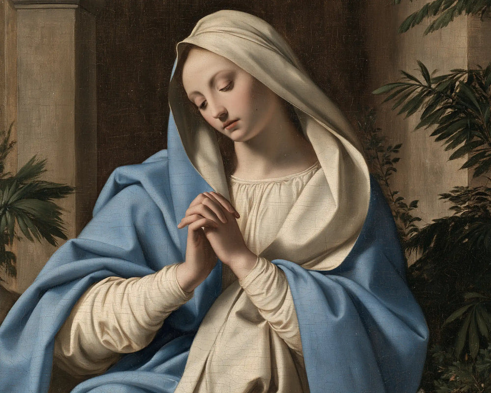 the Virgin Mary in prayer in Florentine Renaissance style, landscape Christian artwork no. 5