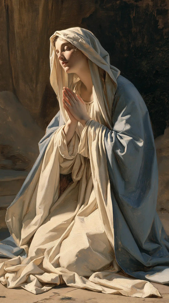 Virgin Mary in Prayer — A Gaze toward the Light at the Threshold