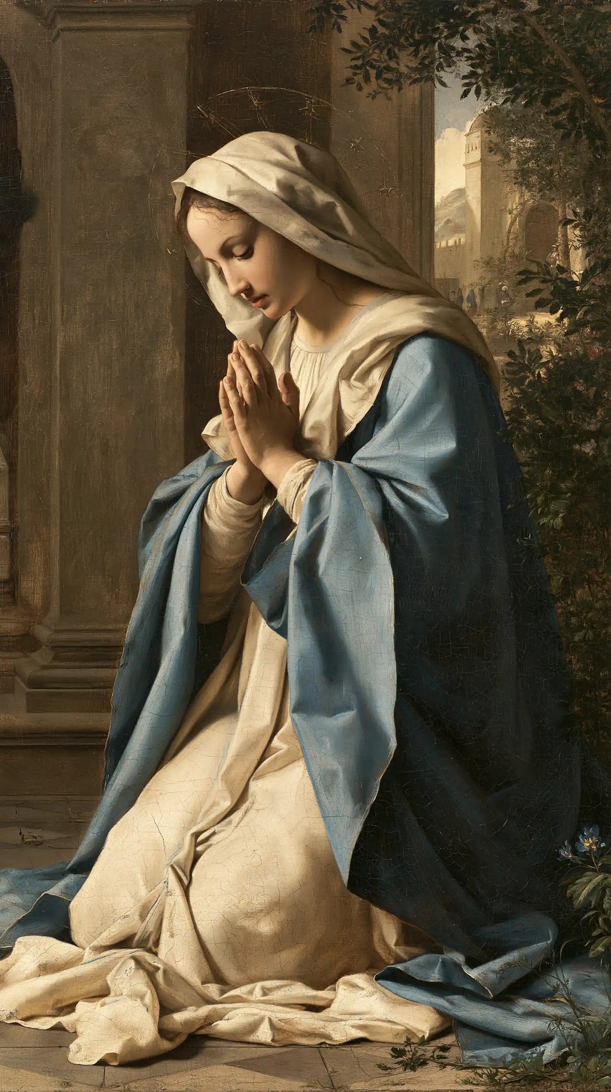 Virgin Mary in Prayer — Silence beside the Golden Pillar