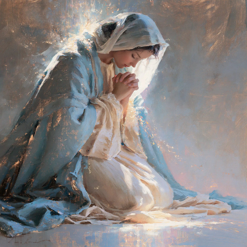 the Virgin Mary in prayer in Impressionist style, square Christian artwork no. 2