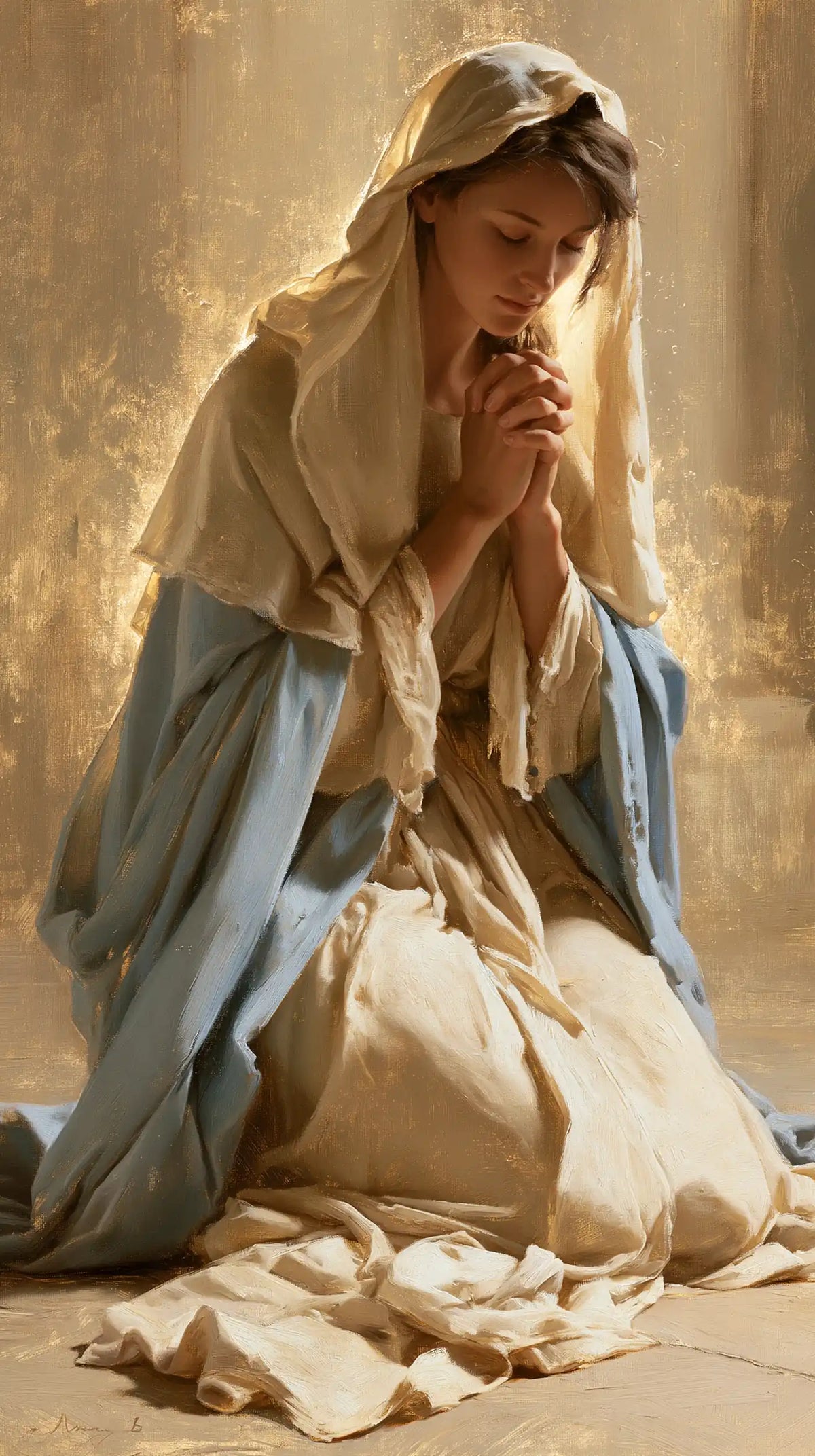 Virgin Mary in Prayer — The Beige Veil in Divine Light
