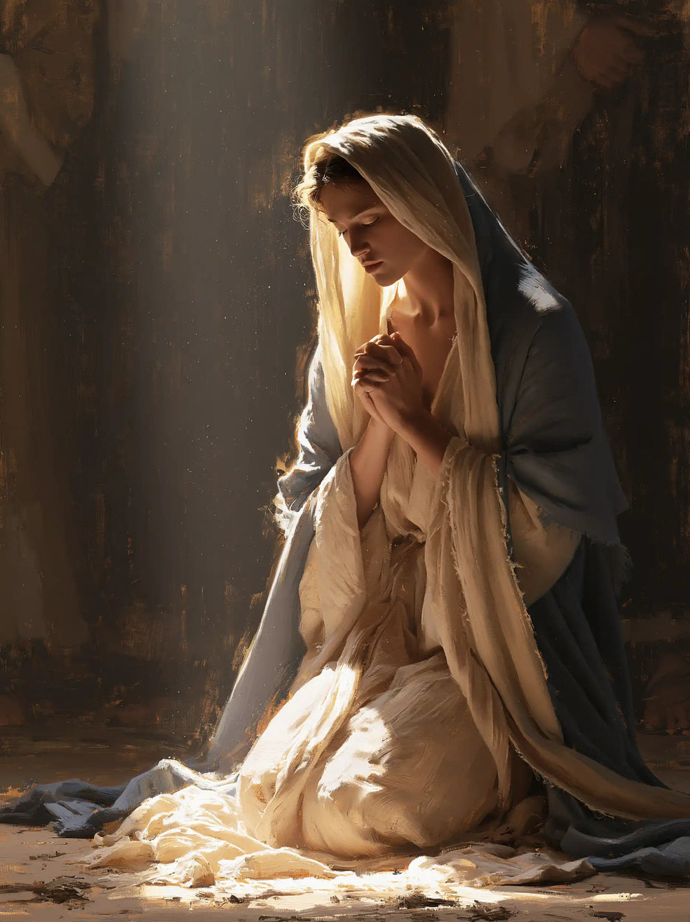 the Virgin Mary illuminated during prayer in Mary in Divine Light style, portrait Christian artwork no. 32