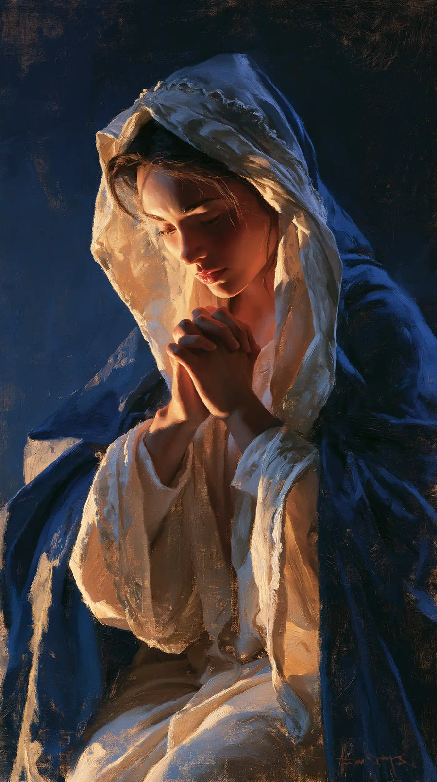 Virgin Mary in Prayer - Midnight Blue Chiaroscuro · Portrait n° 6