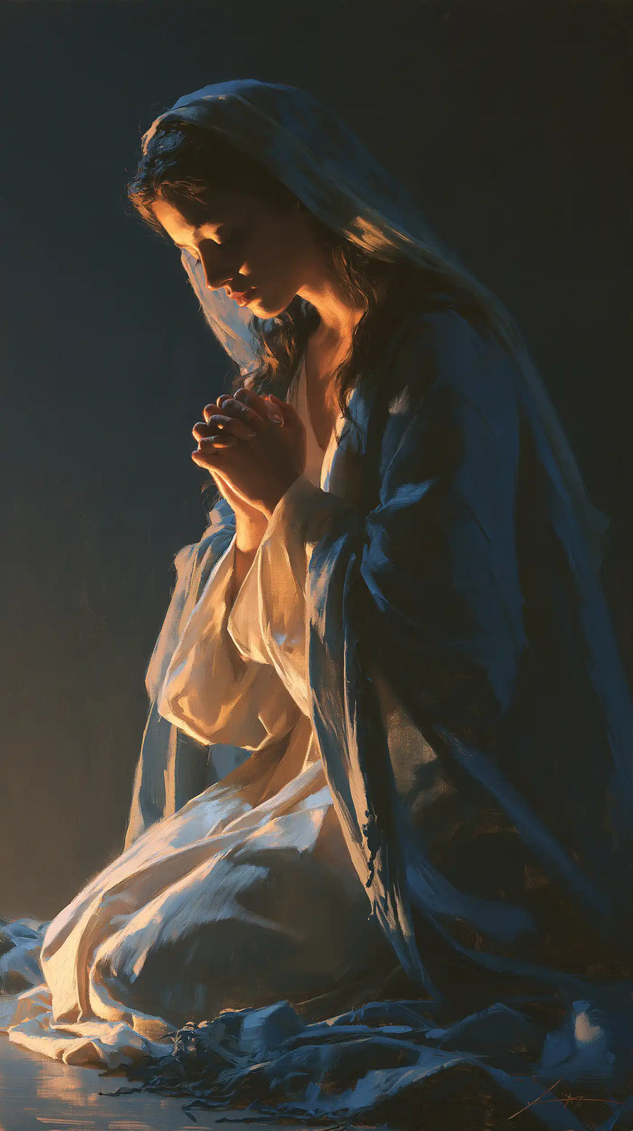 Virgin Mary in Prayer - Midnight Blue Chiaroscuro · Portrait n° 7