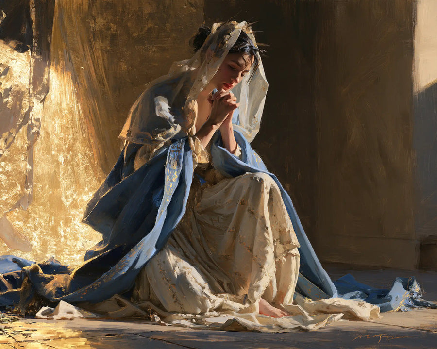 Virgin Mary in Prayer — Blue before the Broken Gleam