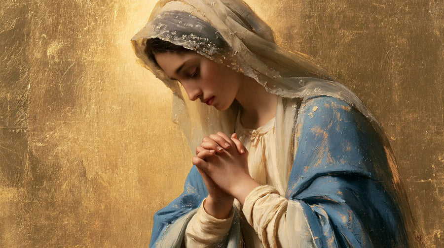 Virgin Mary in Prayer — The Veil of Sand and Gold