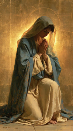 Virgin Mary in Prayer — Blue-Green within the Glowing Circle