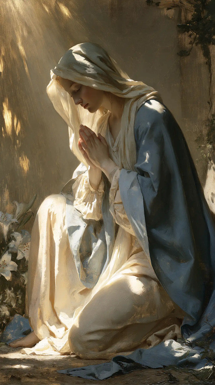 Virgin Mary in Prayer — Prayer in Leaf-Shaped Shadows