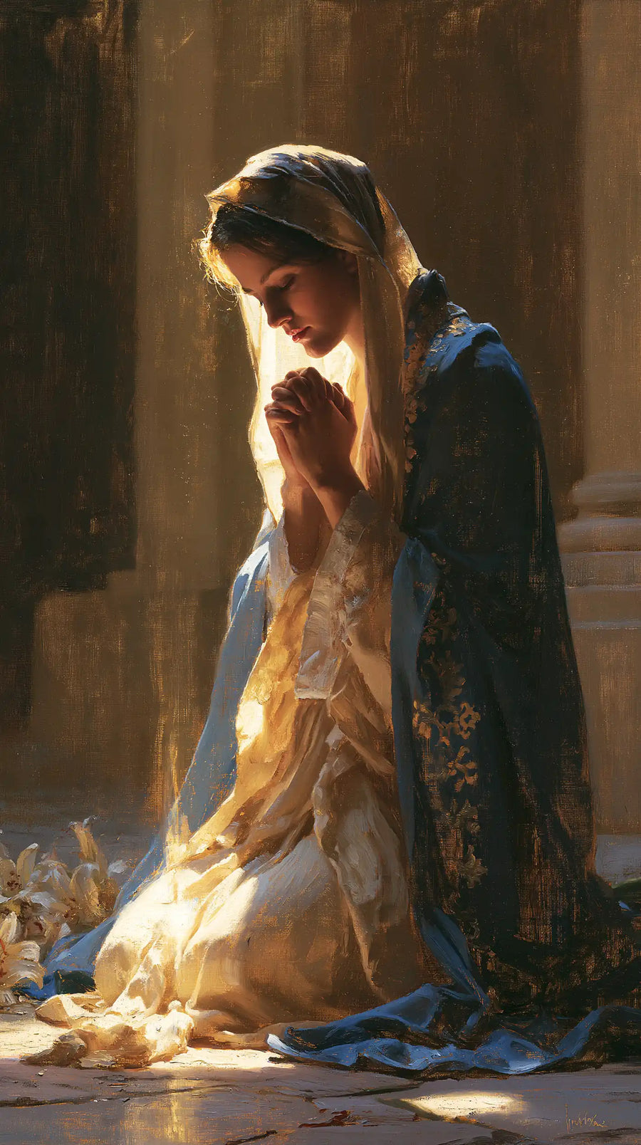 the Virgin Mary in prayer in Symbolist style, portrait Christian artwork no. 33