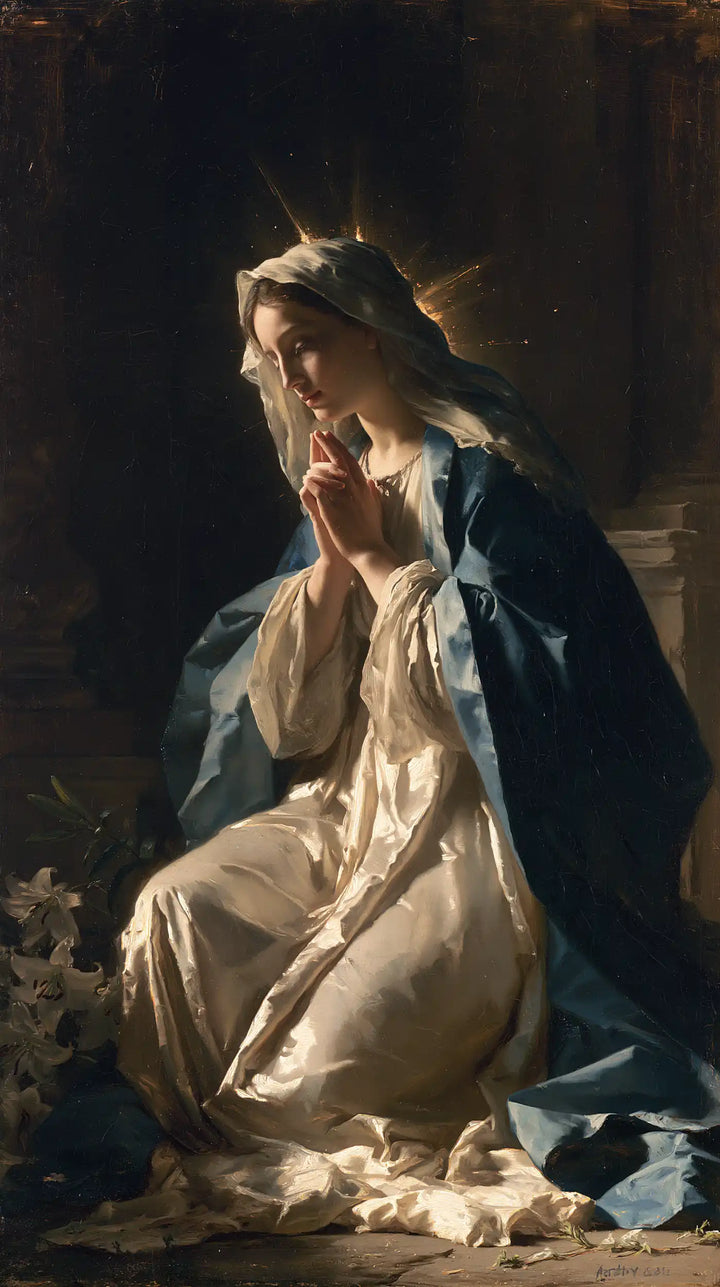 Virgin Mary in Prayer — Radiance at the Edge of Night