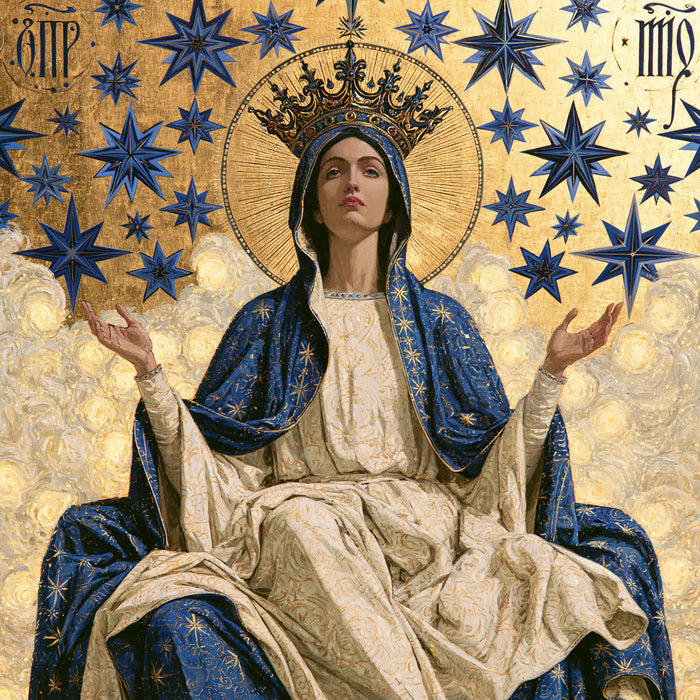 Mary, Queen of Heaven — The Queen with Raised Palms in Mosaic Gold