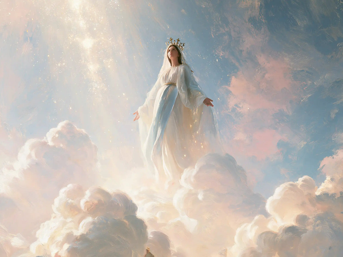 Mary as Queen of Heaven in an impressionist atmosphere in Impressionist style, landscape Christian artwork no. 6