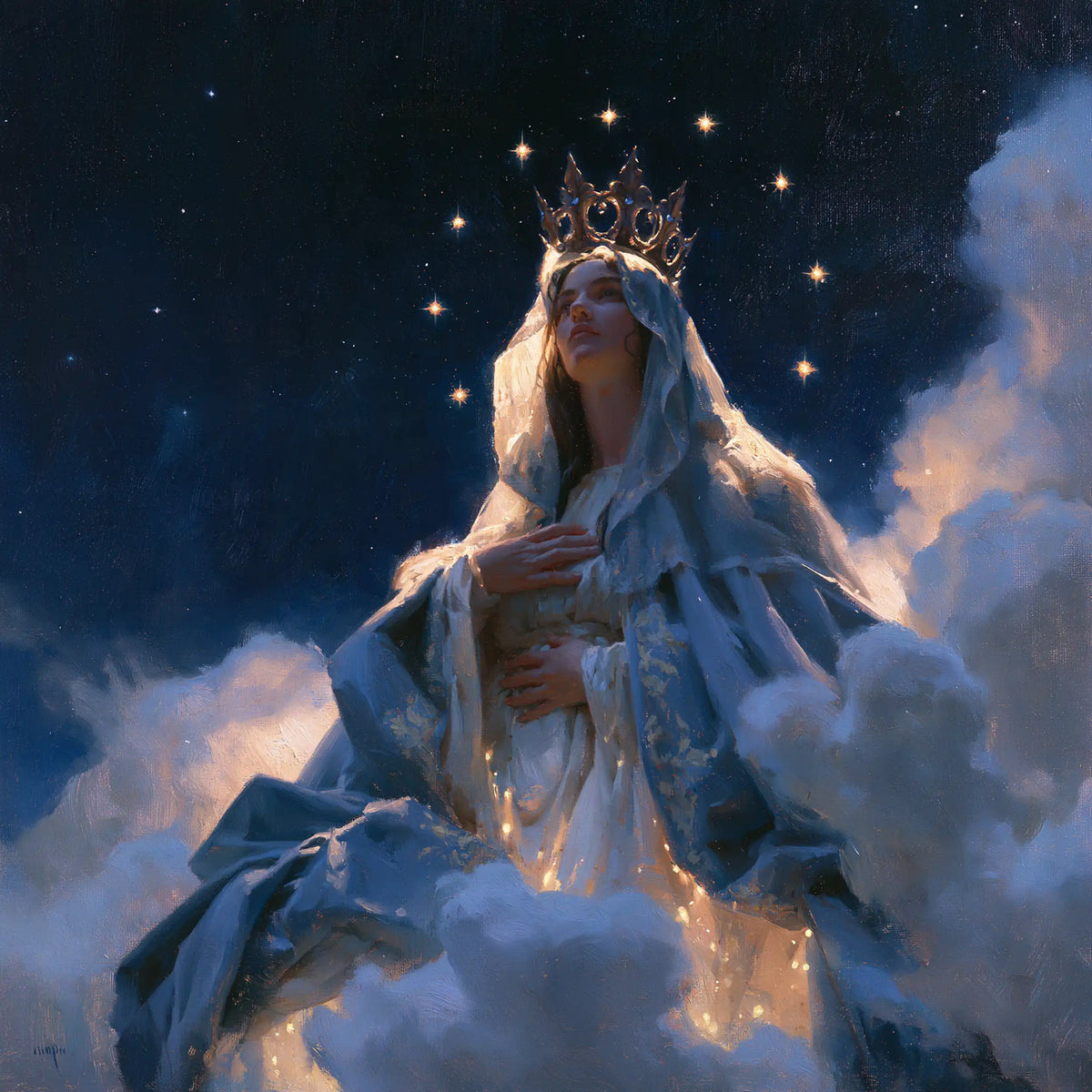 Mary as Queen of Heaven in midnight-blue chiaroscuro in Midnight Blue Chiaroscuro style, square Christian artwork no. 5