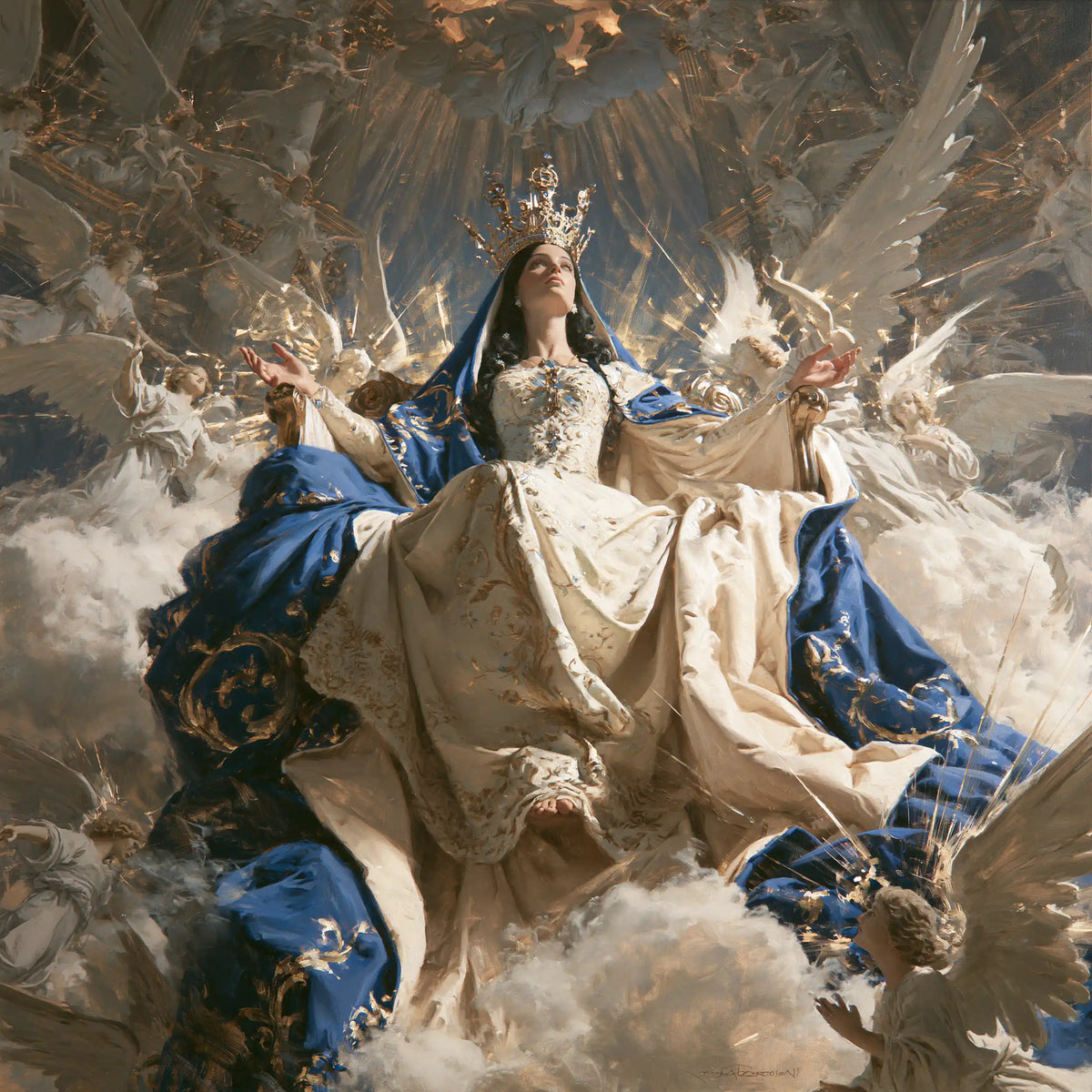 Mary as Queen of Heaven in a monumental sacred view in Sacred Monumental View style, square Christian artwork no. 4