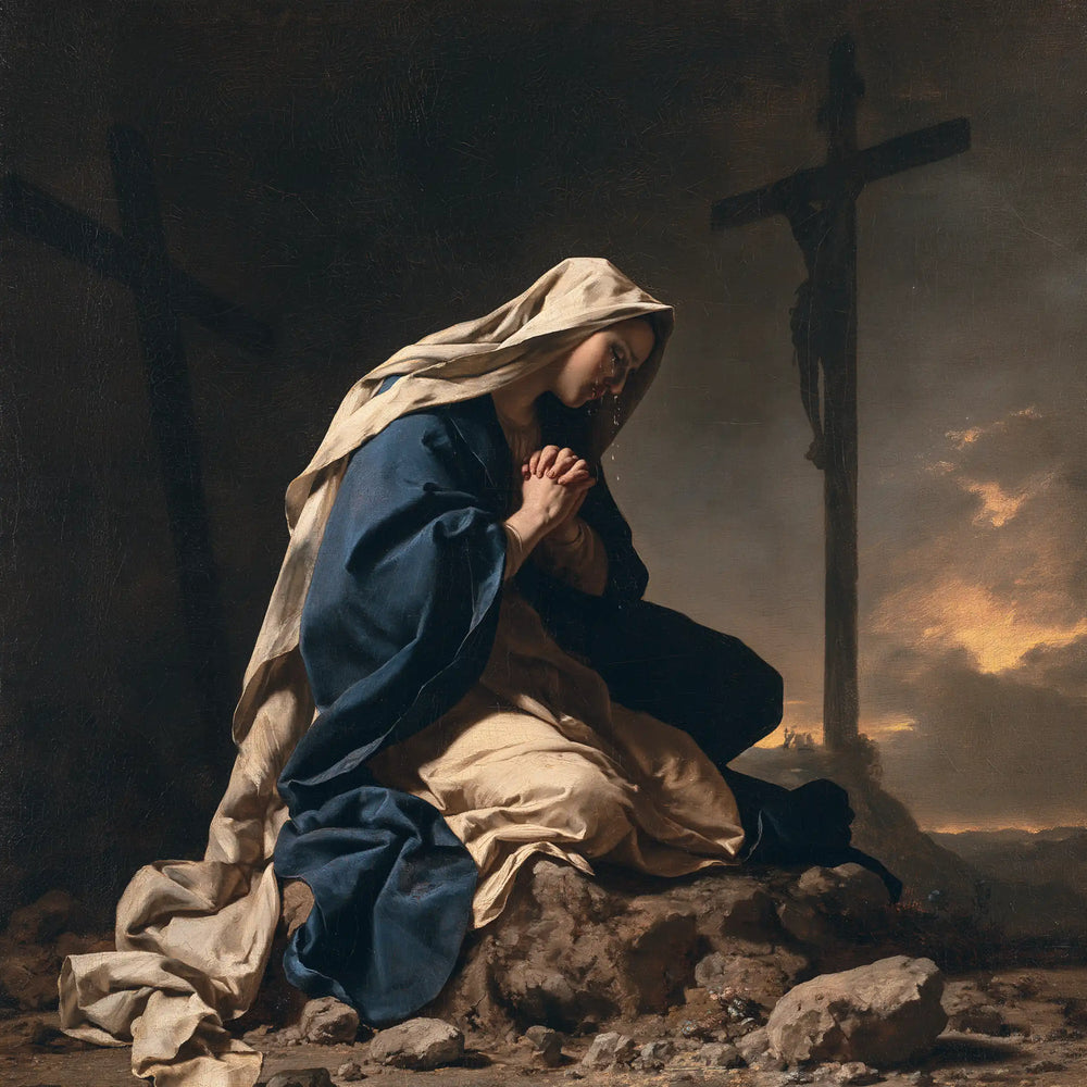 Mary kneeling before the Cross in Mary Kneeling before the Cross style, square Christian artwork no. 1