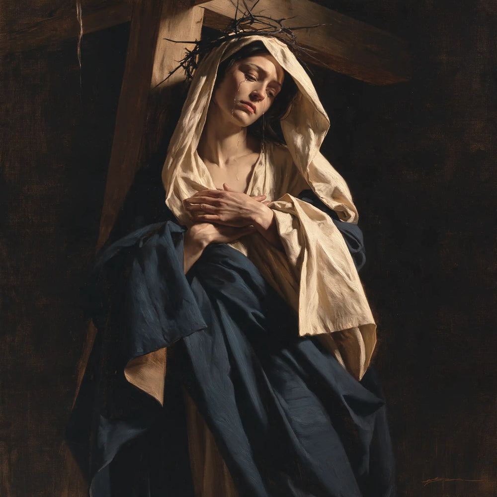 Our Lady of Sorrows in silent contemplation in The Silence of Mary style, square Christian artwork no. 7