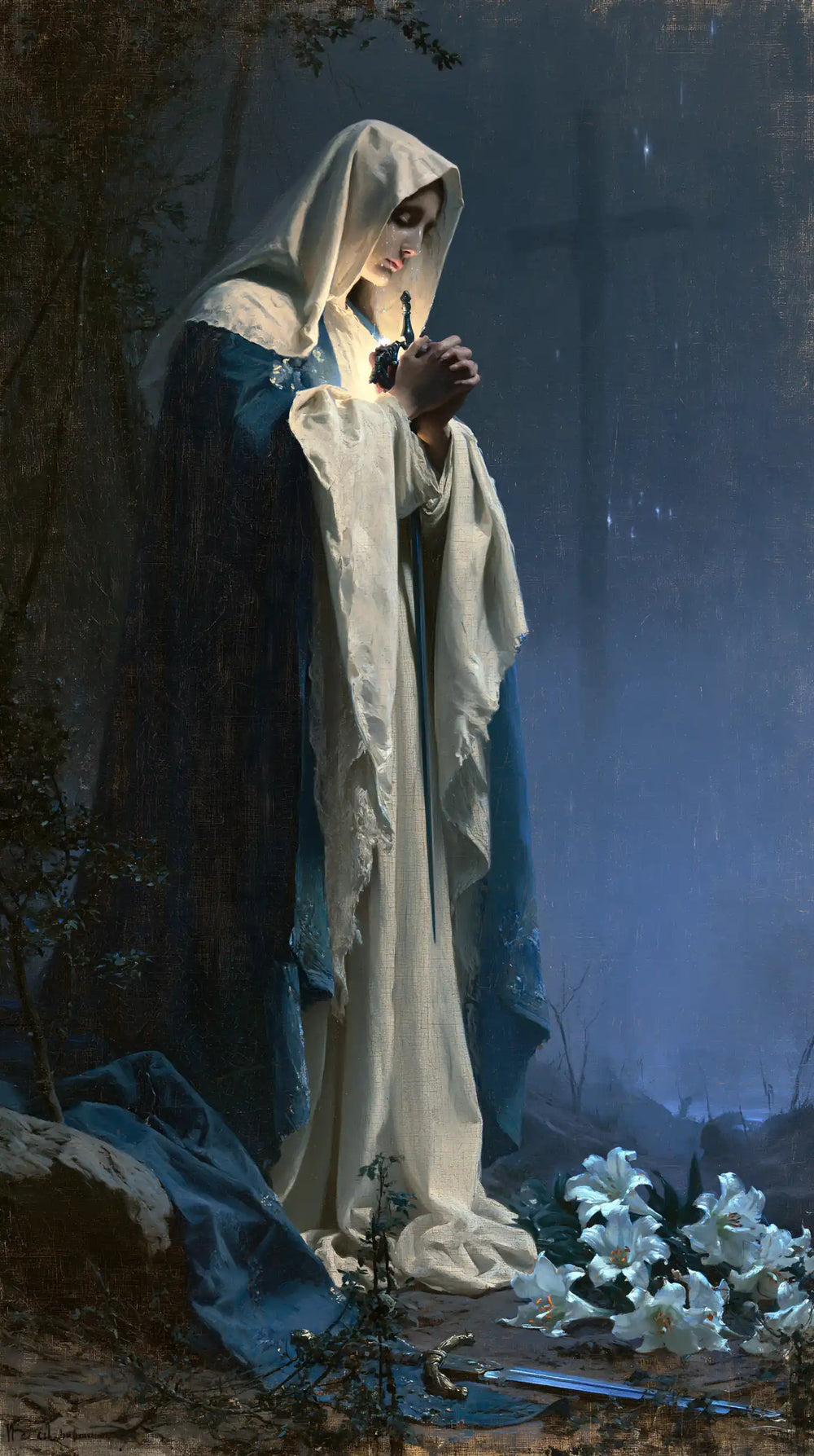 Our Lady of Sorrows in a symbolist composition in Symbolist style, portrait Christian artwork no. 8