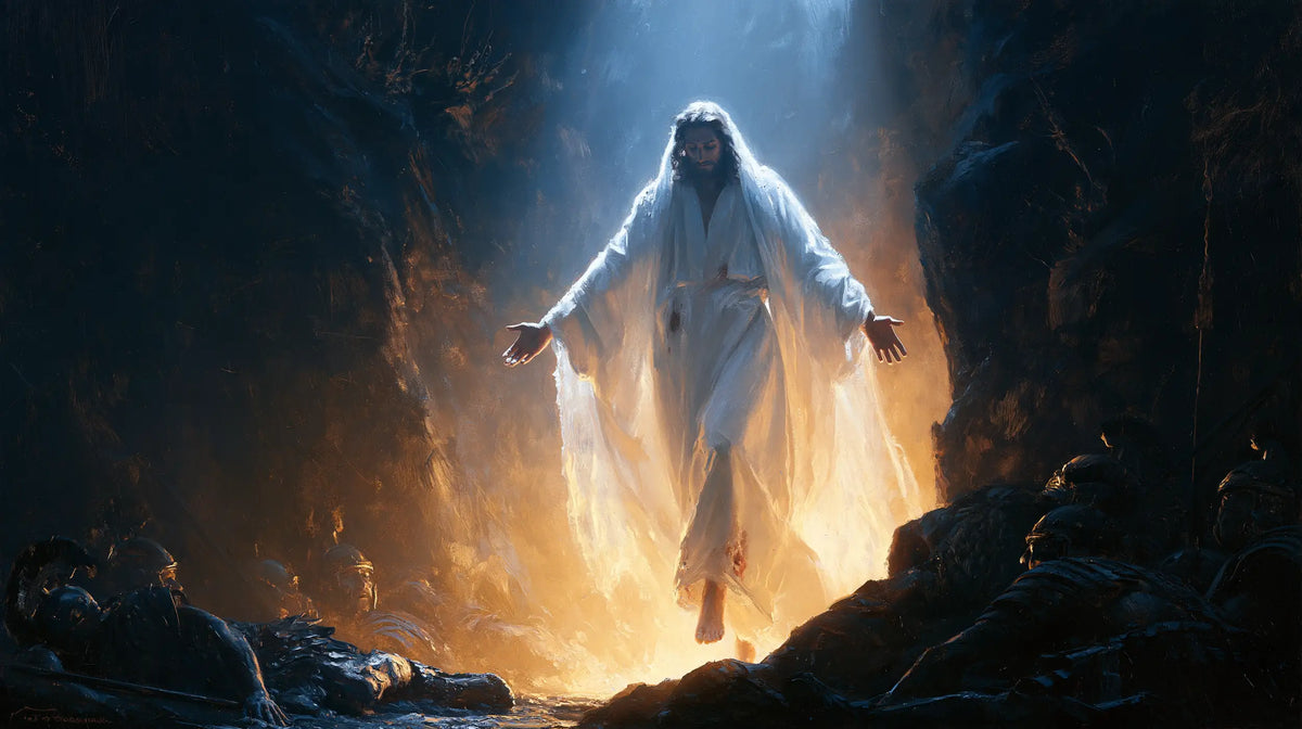 Resurrection of Jesus Christ in Midnight-blue Chiaroscuro style, landscape Christian artwork no. 18