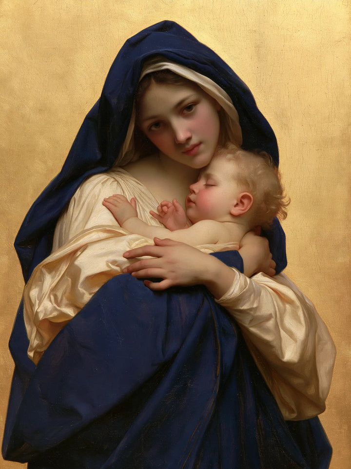 The Virgin Mary and Child Jesus — Protective Arms in Ochre Light