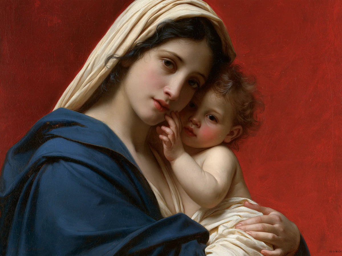 The Virgin Mary and Child Jesus — Quiet Embrace Before the Red Wall