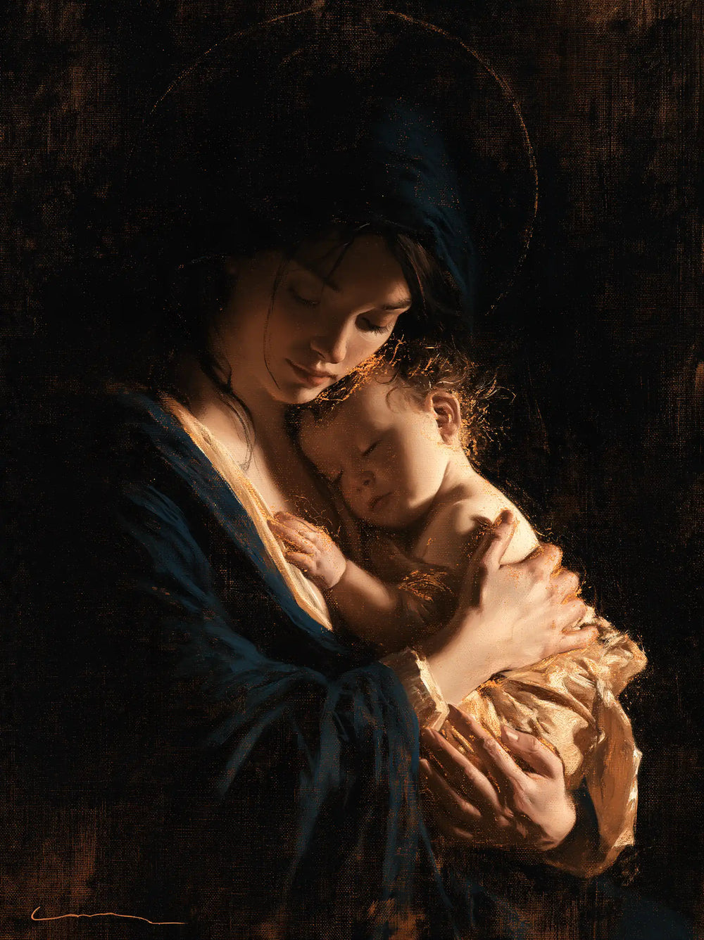 the Virgin Mary holding the Child Jesus in Black and Gold style, portrait Christian artwork no. 21