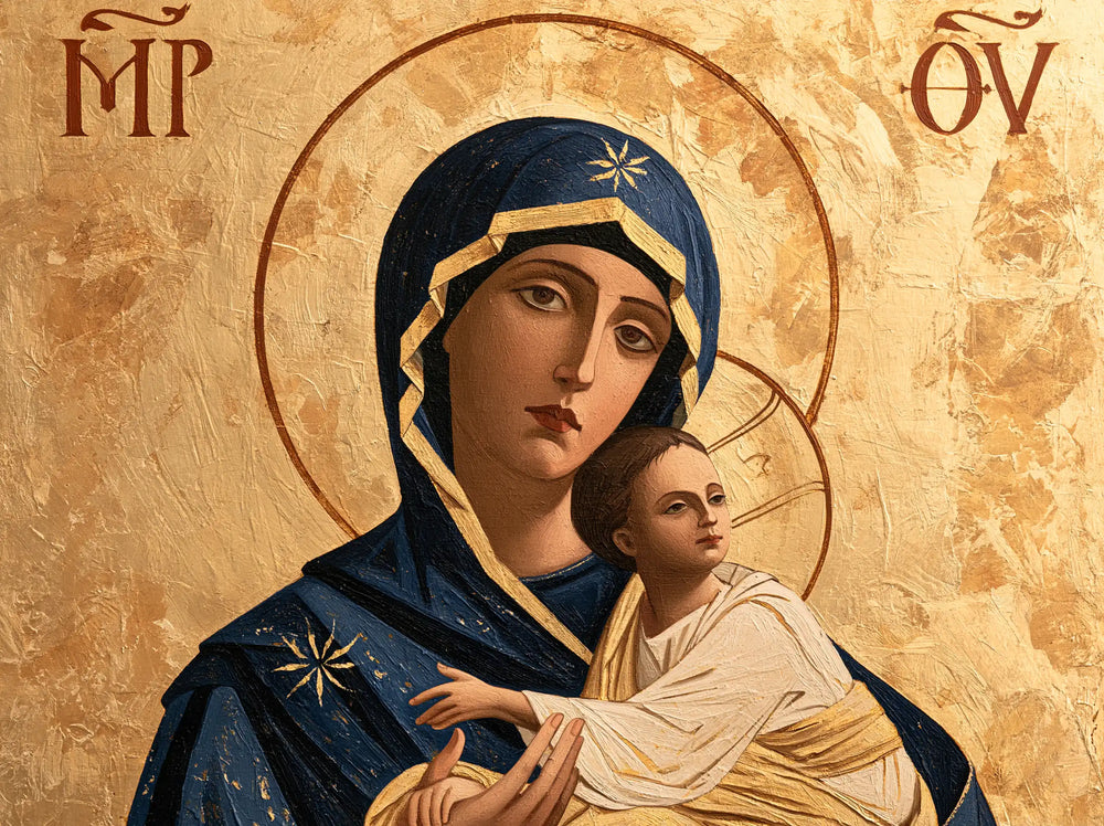 the Virgin Mary and the Child Jesus in Contemporary Byzantine style, landscape Christian artwork no. 8
