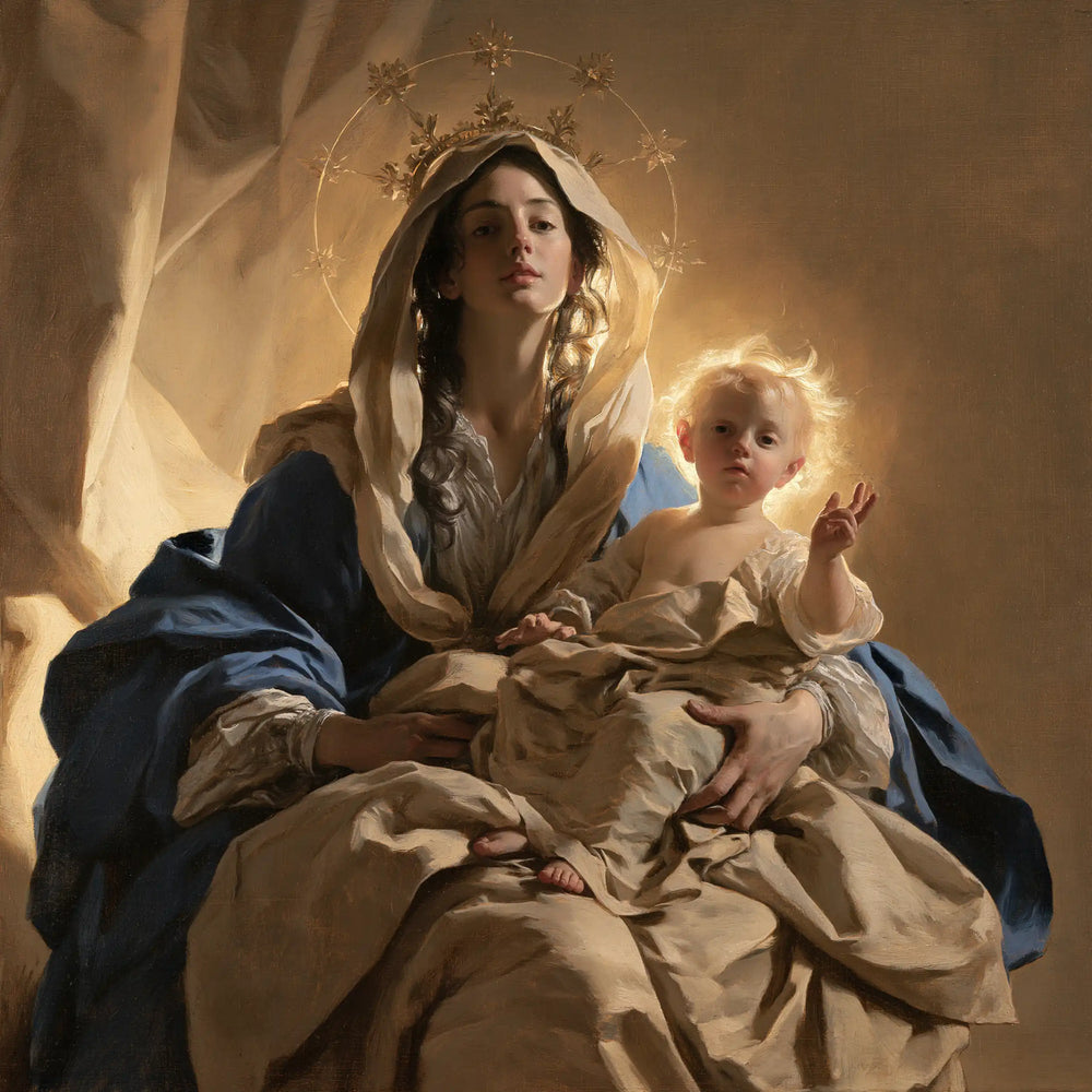 the majestic Virgin Mary with the Child Jesus in Majestic Virgin and Child style, square Christian artwork no. 5
