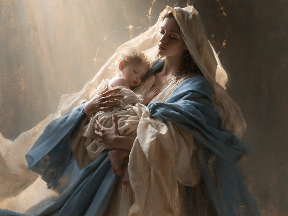 the Virgin Mary presenting the Child Jesus in Mary Presenting the Child Jesus style, landscape Christian artwork no. 5