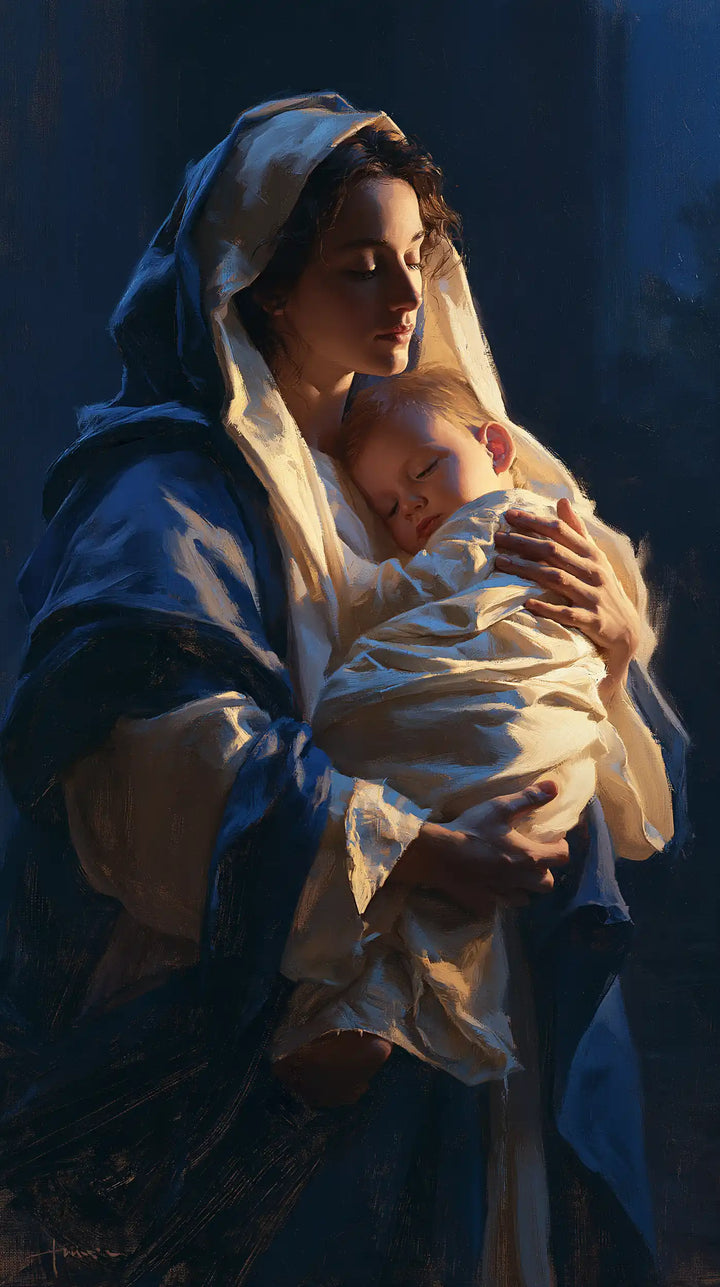 Virgin Mary and Child Jesus - Midnight Blue Chiaroscuro · Portrait n° 14