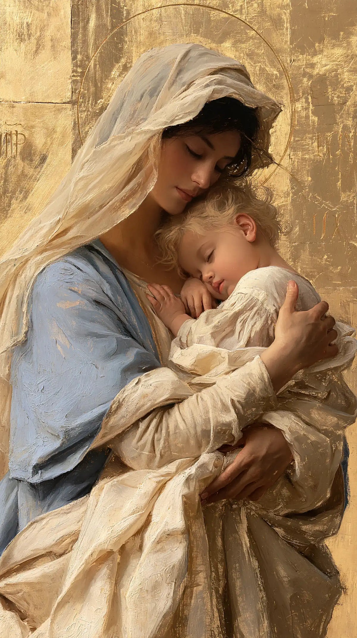 the Virgin Mary with the Child Jesus in Sacred Gold style, portrait Christian artwork no. 22