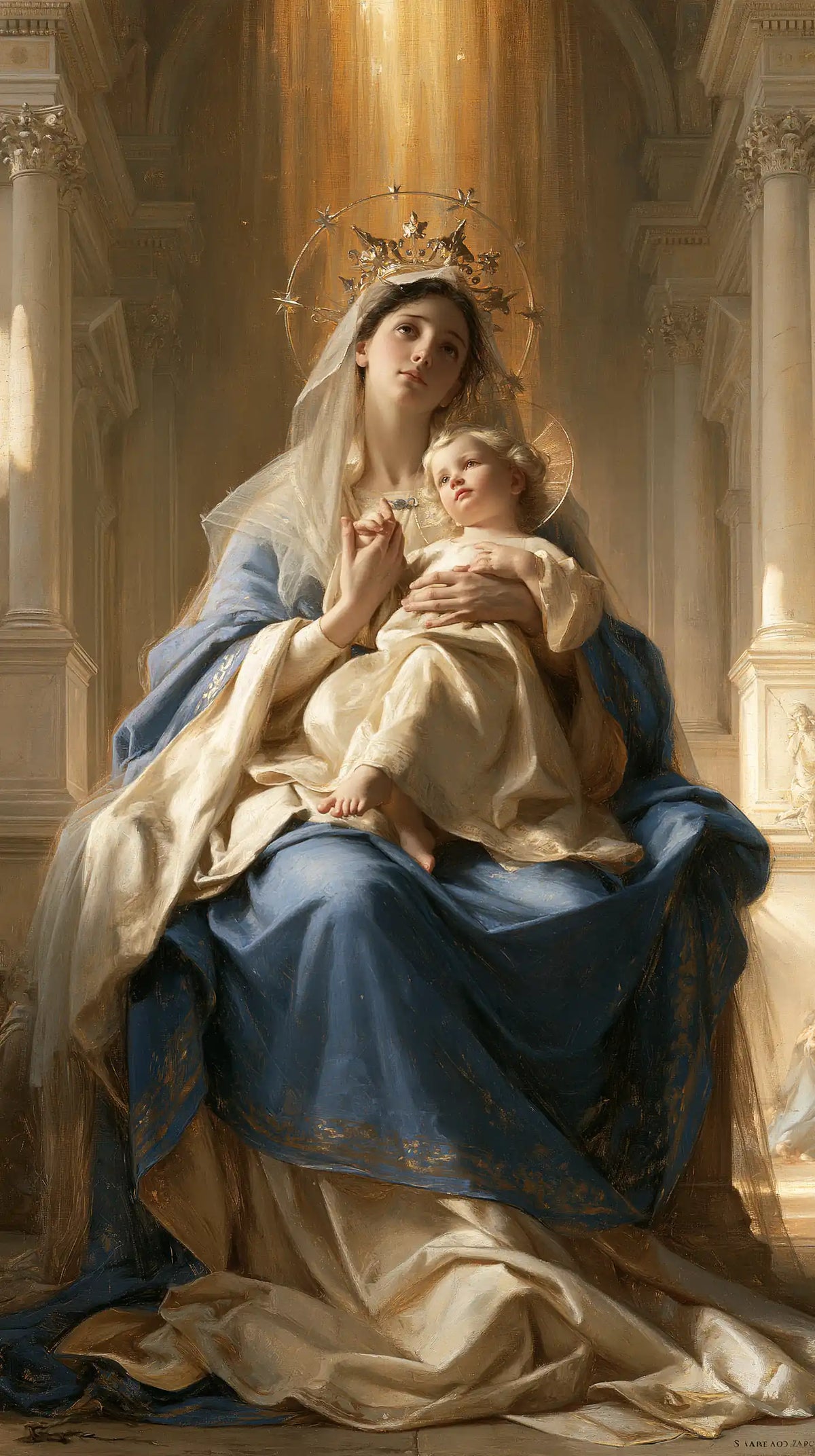 the Virgin Mary and the Child Jesus in a majestic composition in Sacred Monumental View style, portrait Christian artwork no. 4
