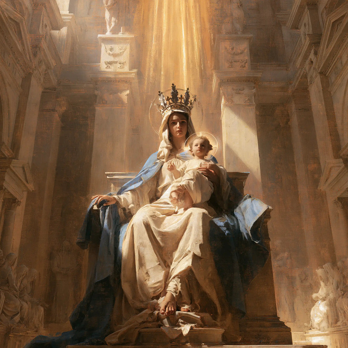 the Virgin Mary and the Child Jesus in a majestic composition in Sacred Monumental View style, square Christian artwork no. 7