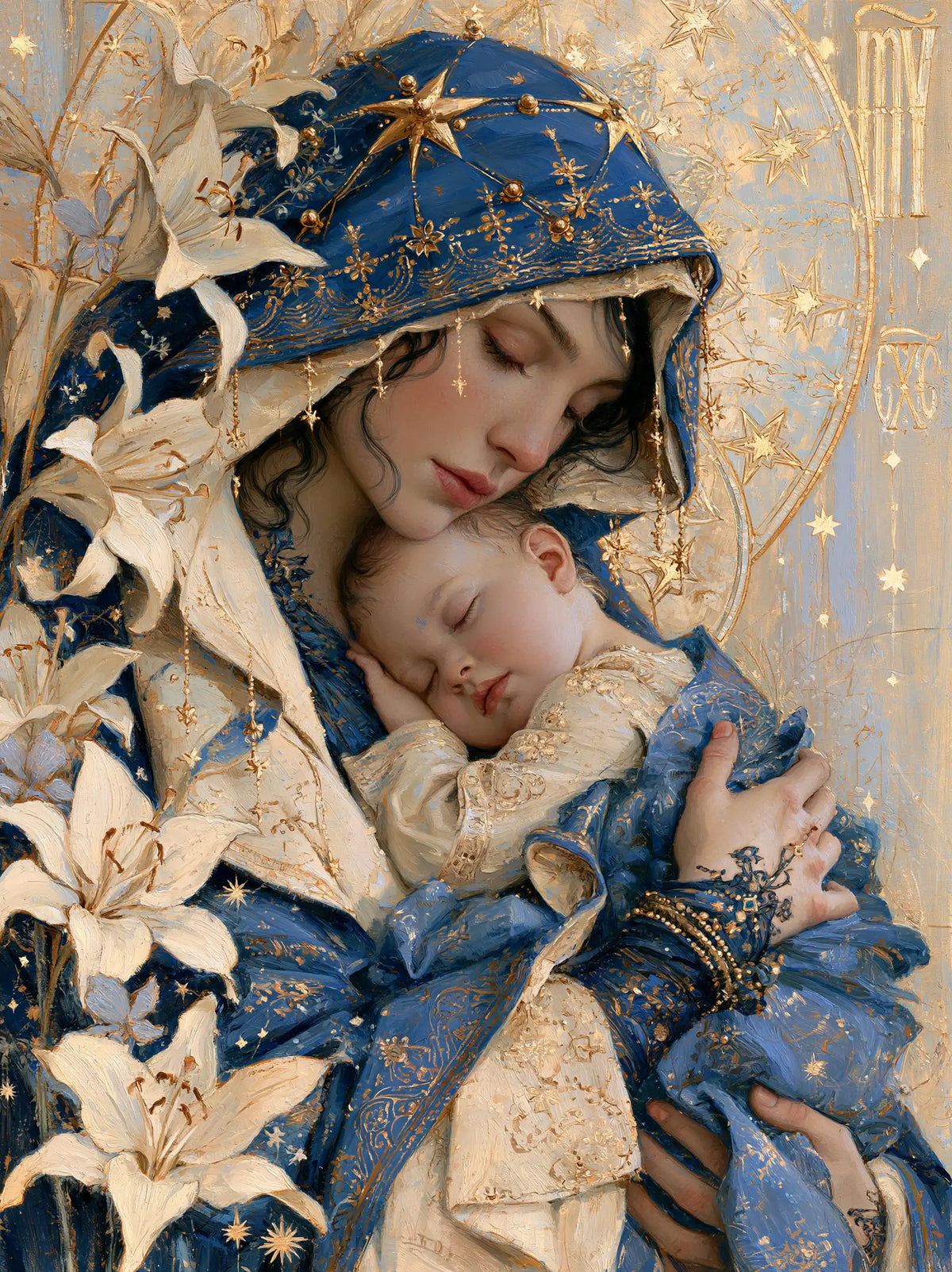 the Virgin Mary and the Child Jesus in Symbolist style, portrait Christian artwork no. 28