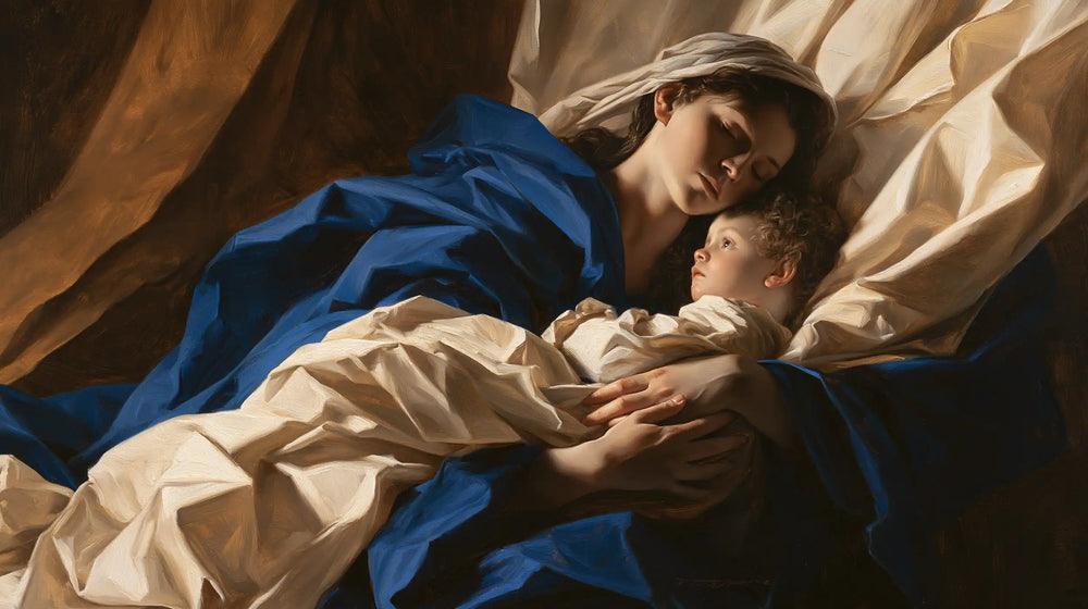 the Virgin Mary and the Child Jesus in Theatrical Baroque style, landscape Christian artwork no. 5