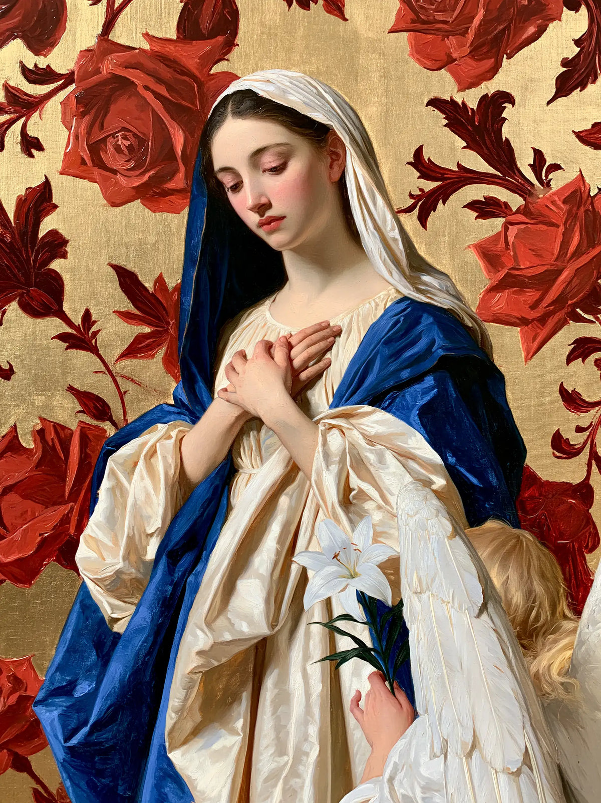 Virgin Mary among Roses and Ivory Veils – Bouguereau-Inspired Academic Art · Portrait