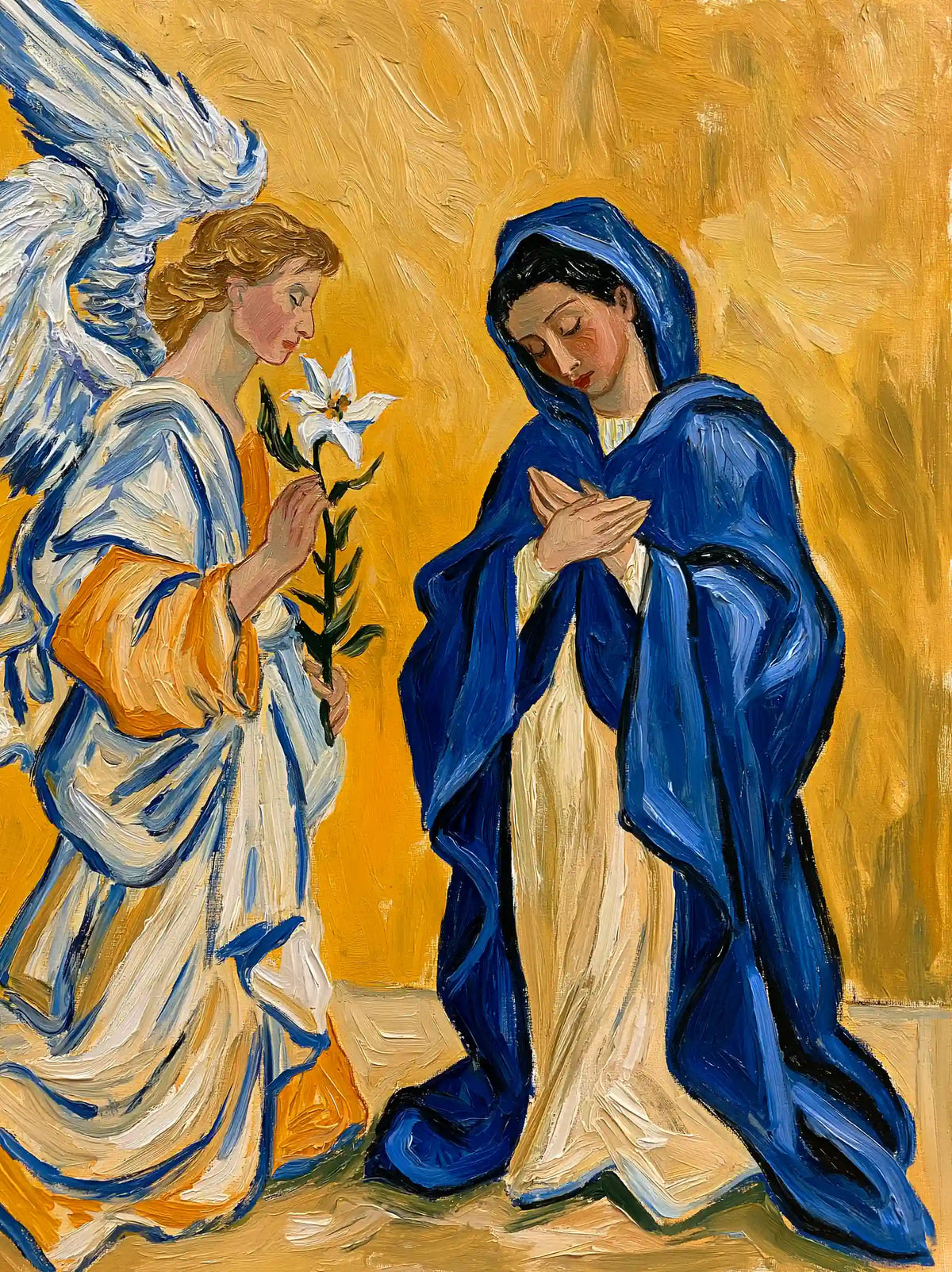 White Lily Annunciation in Cobalt Blue – Post-Impressionist Art · Portrait